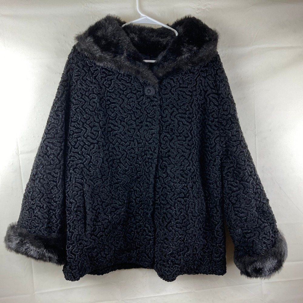 VTG 50s 60s Sz M / L Black Persian Curly Lamb Style Swing Jacket Mink Fur Collar - Picture 2 of 9
